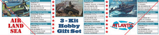 Three model kits: air, land, and sea vehicles for building and display for Atlantis Model Co ALM9001
