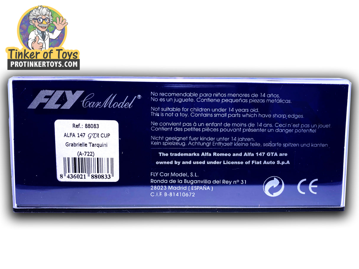 Toy box showing Alfa 147 GTA Cup model details and safety warnings for Fly Car A-722