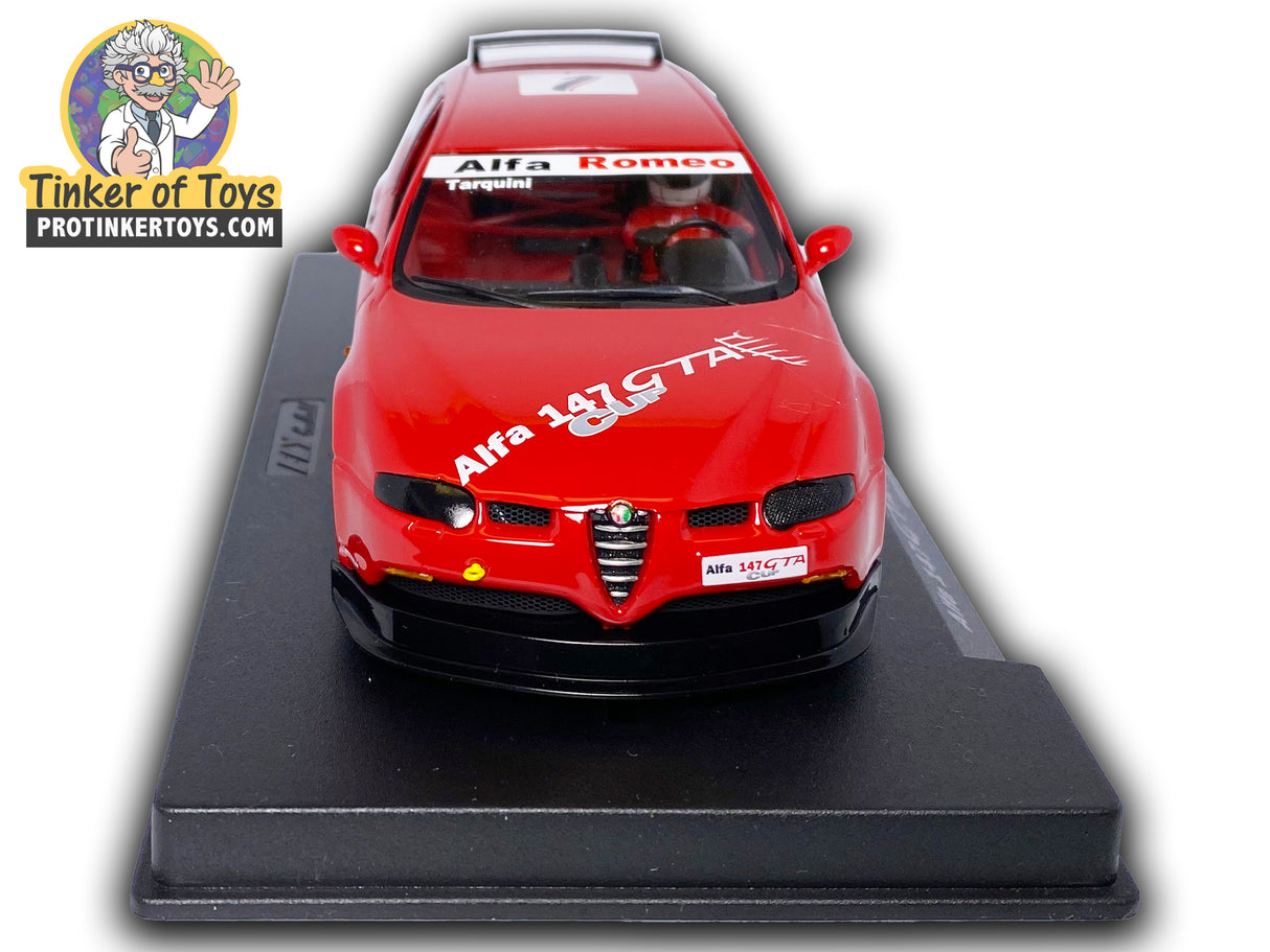 Red slot car, Alfa 147 GTA Cup, on a black base for Fly Car A-722