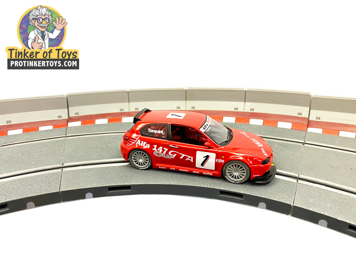Red slot car on a track, representing an Alfa 147 GTA race car for Fly Car A-722