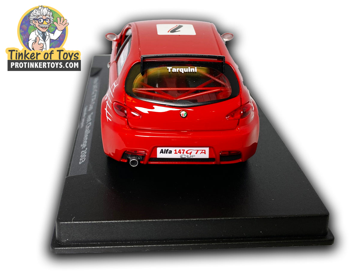 Red slot car, Alfa 147 GTA Cup, on a black display base for Fly Car A-722
