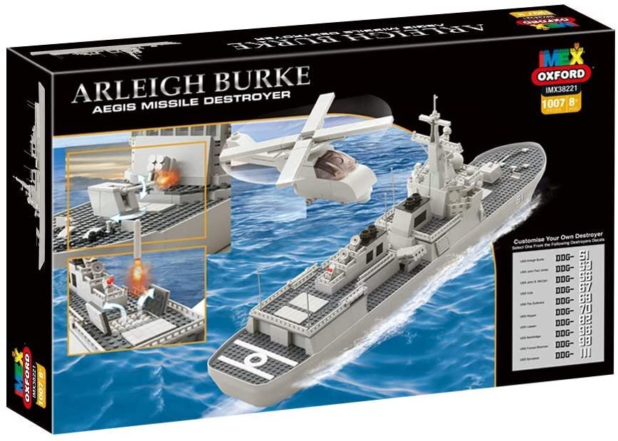 Model kit box for Arleigh Burke Aegis Missile Destroyer, showing ship and aircraft for Oxford OXF38221