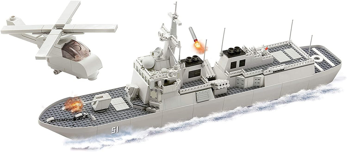 Model destroyer with helicopter, showing missile launch action for Oxford OXF38221