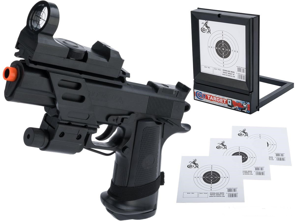 Airsoft pistol with laser and red dot, packaged with target sheets for Evike AP-SA-18366
