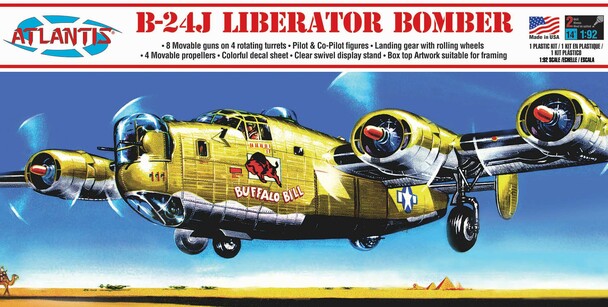 Yellow B-24J Liberator bomber model kit box art, ready for assembly for Atlantis Model Co ALM218