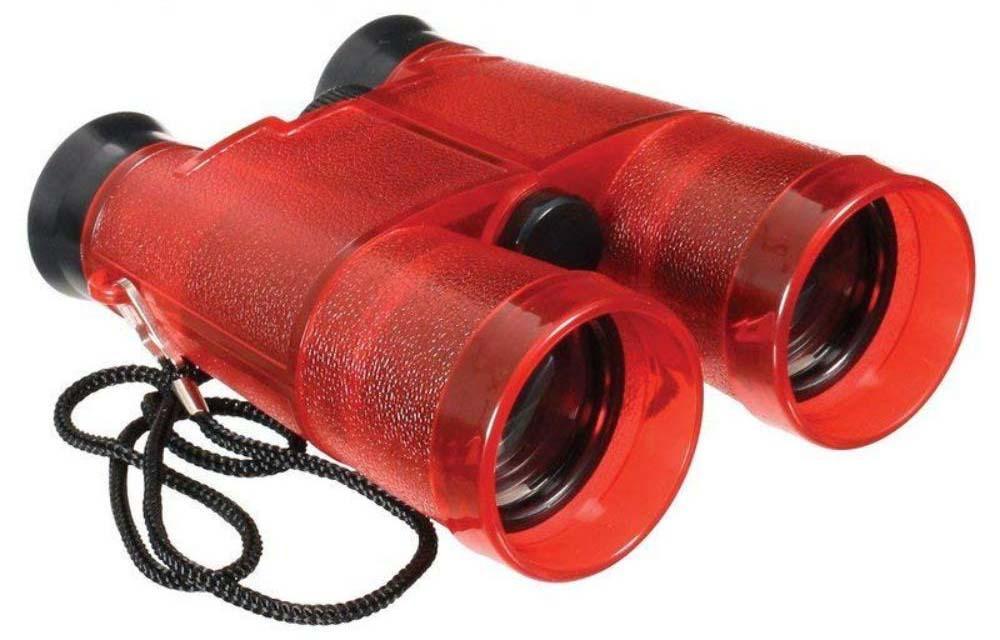 Red sport binoculars with attached black neck strap for Toy Smith 6918