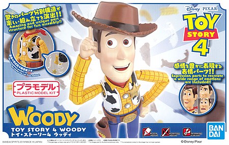 Woody toy model kit box art showing the character and assembly parts for Bandai 2775030