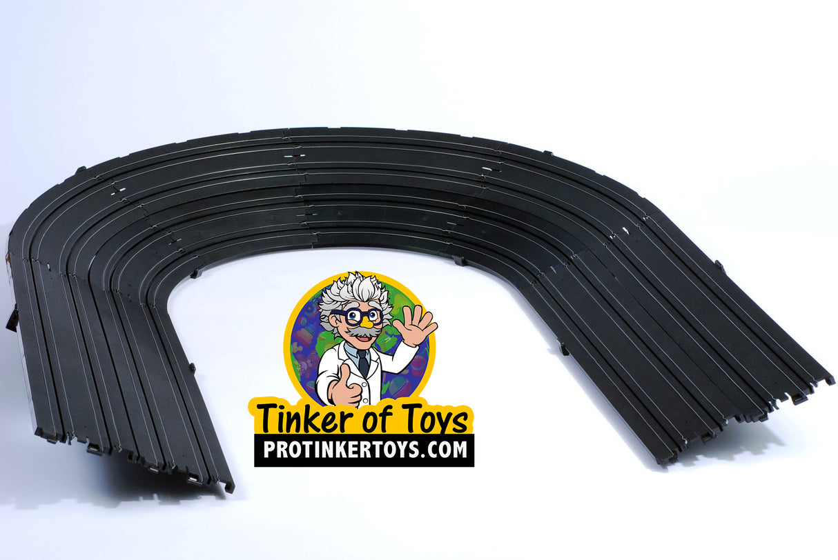 Black banked curve track section for model trains, 12" length, 1/2R radius for AFX/Racemasters 70625