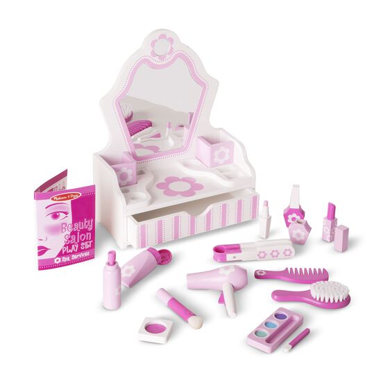 Toy beauty salon set with mirrors, tools, and accessories for play for Melissa and Doug 3026