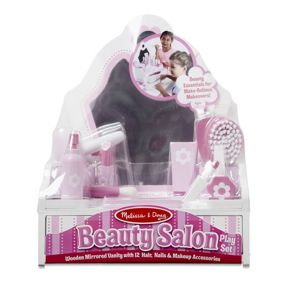 Wooden vanity set with hair, nail polish, and makeup accessories for play for Melissa and Doug 3026