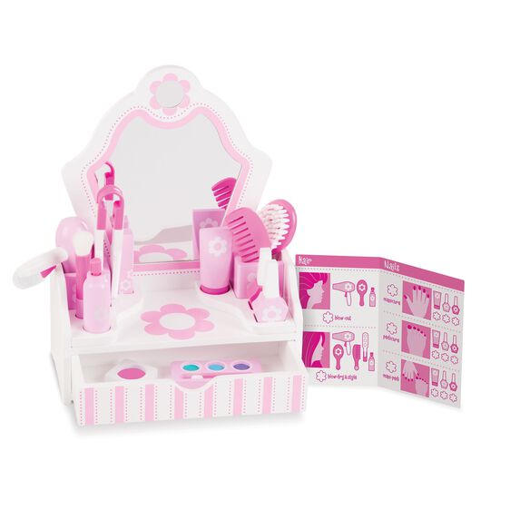 Salon play set with tools, accessories, and styling cards for imaginative play for Melissa and Doug 3026