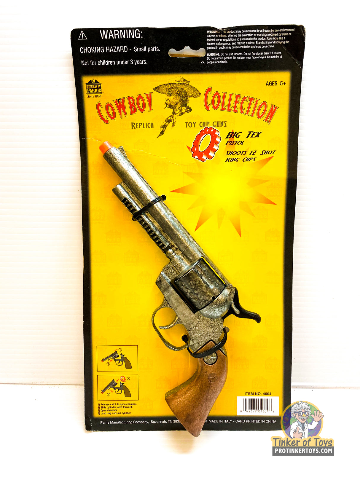 Toy replica pistol for Big Tex Cowboy Collection, warning label visible for Parris Toys 4604
