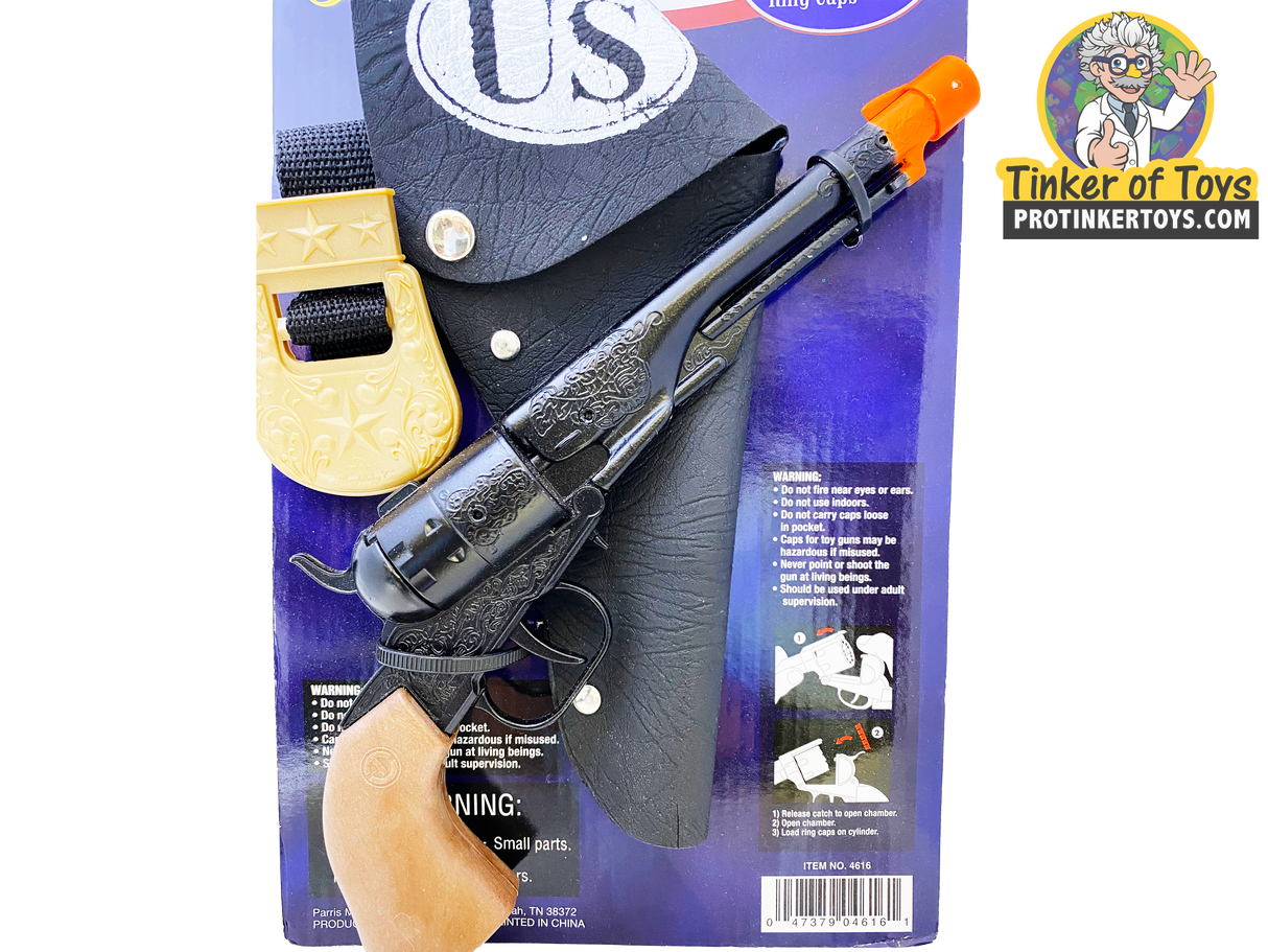 Toy pistol and holster set with warning labels for Parris Toys 4616