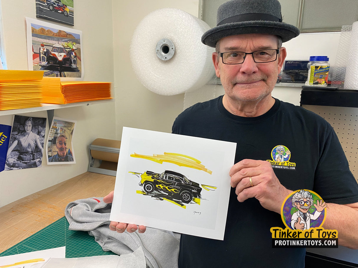 Sketch print of a black '55 Chevy Bel Air slot car for Timothy W. Young 8”x10”