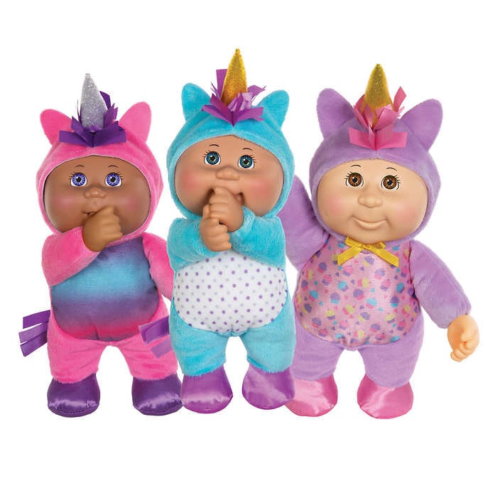 Three unicorn dolls: pink, blue, and purple, in fantasy outfits for Cabbage Patch Kids 2238832