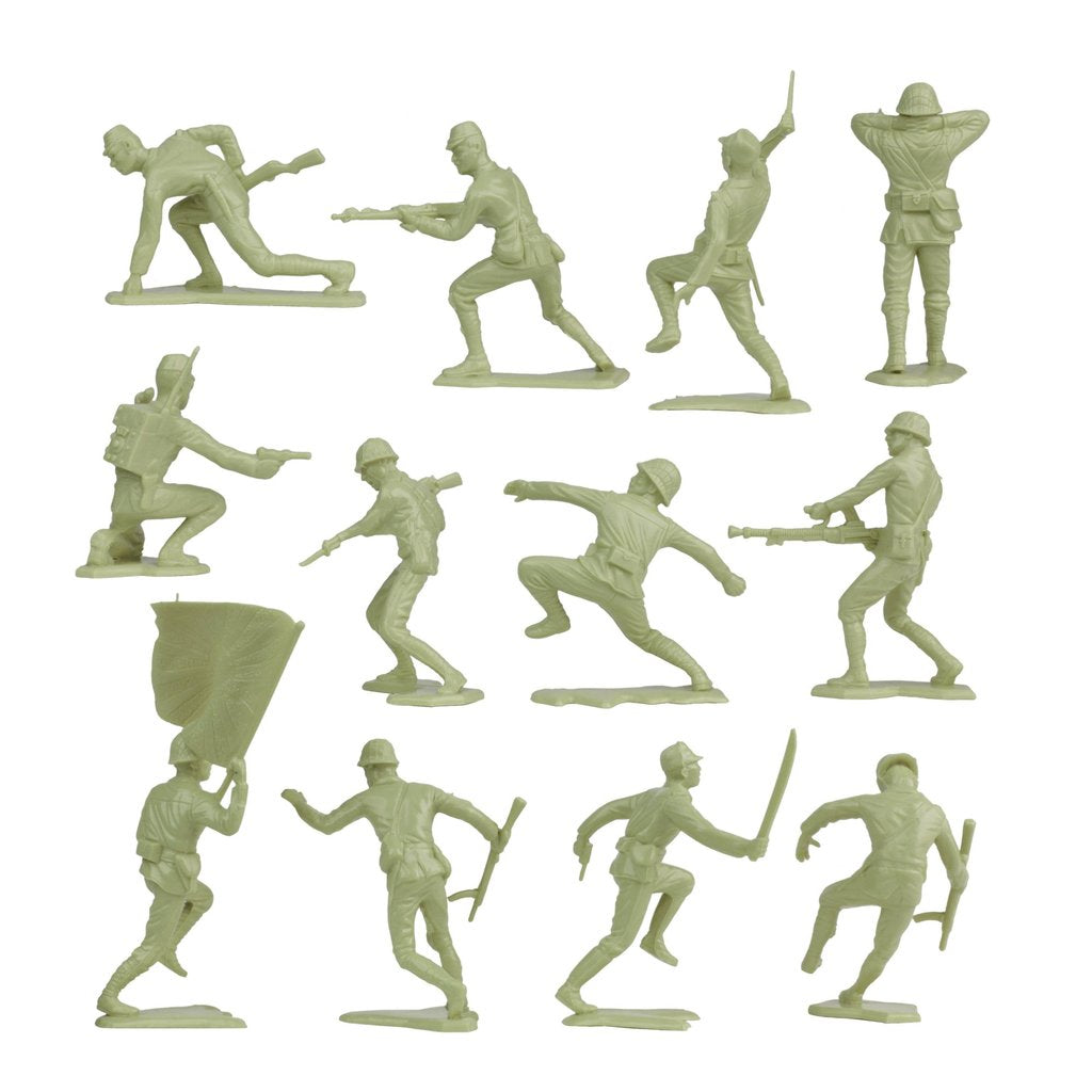 Assortment of khaki-green miniature army figures in various poses for BMC 48579