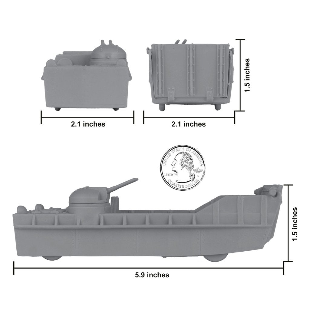 Gray landing craft toy set with three pieces, showing dimensions for BMC 48553