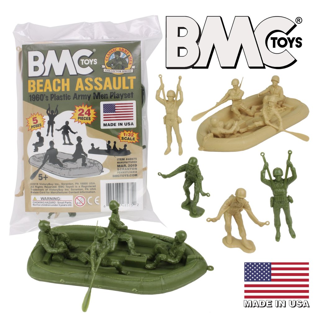 Green and tan plastic figures representing WWII US soldiers in a beach assault scene for BMC 48575