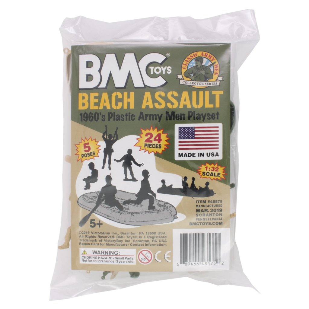 Toy set: 1960s US soldiers beach assault playset, green and tan figures for BMC 48575