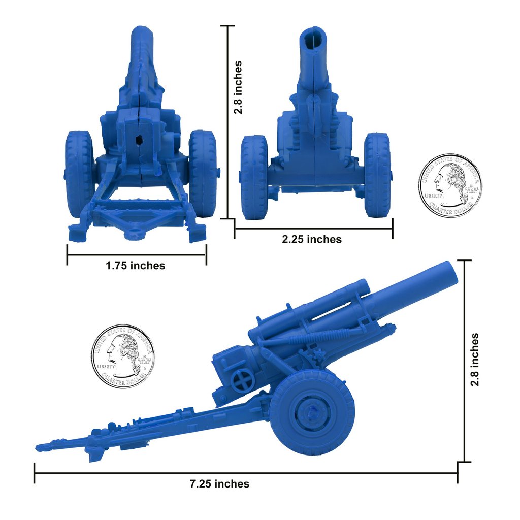 Blue toy artillery pieces showing dimensions for three howitzer models for BMC 67070