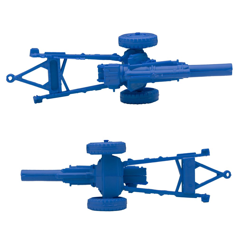 Blue model of a howitzer artillery piece on a wheeled carriage for BMC 67070