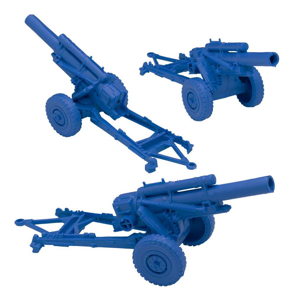 Three blue model howitzers representing US military artillery pieces for BMC 67070