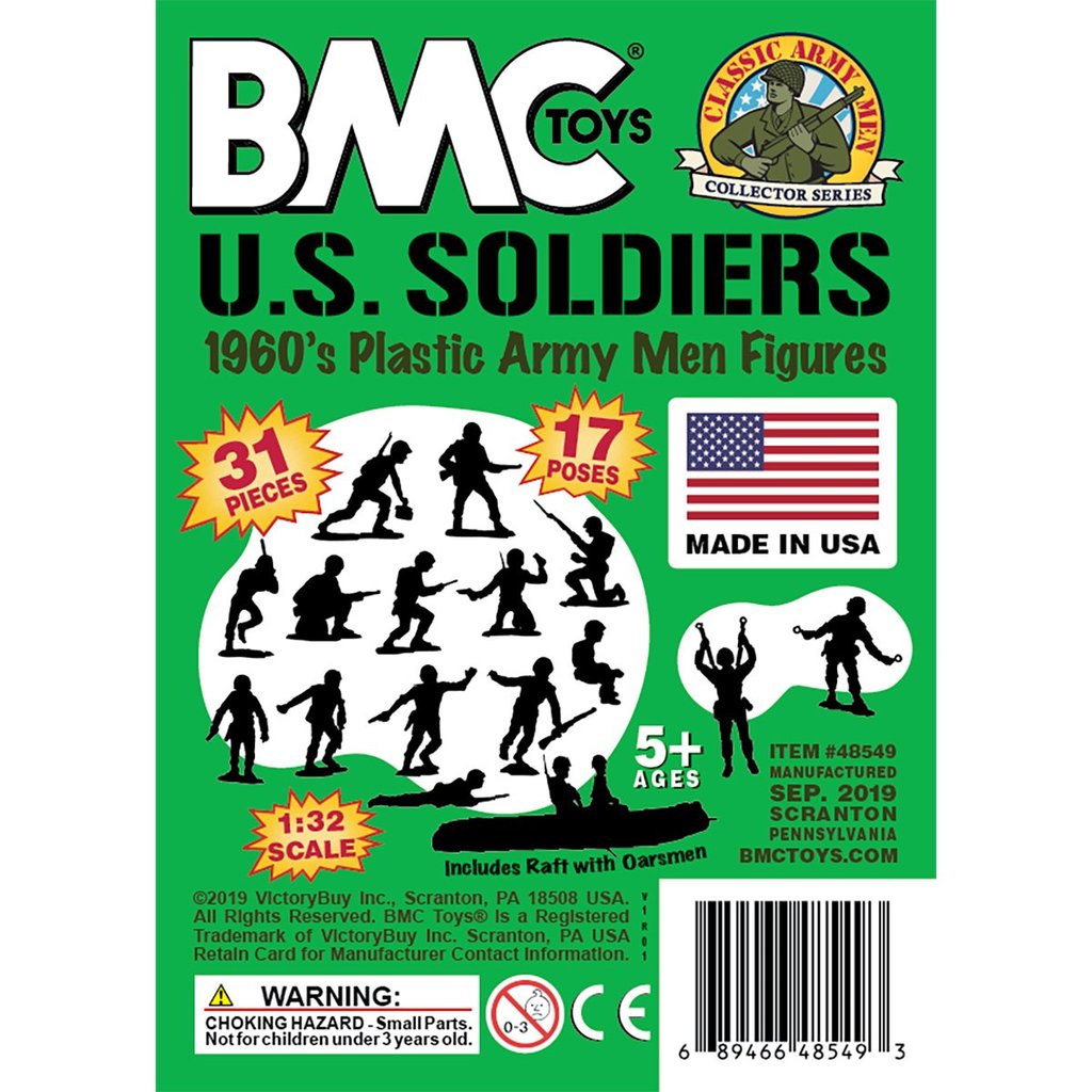 Box art for U.S. Soldiers plastic army men figures, showing poses and pieces for BMC 48549