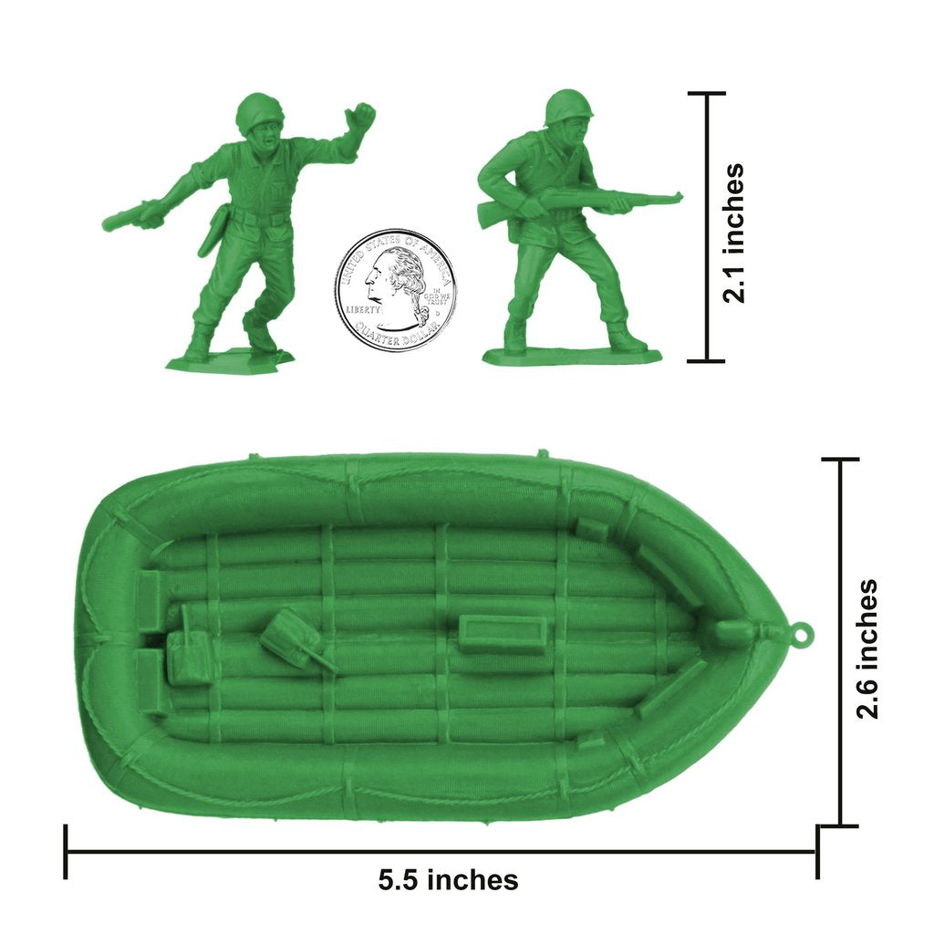 Green WWII soldier figures and boat set with size dimensions for BMC 48549