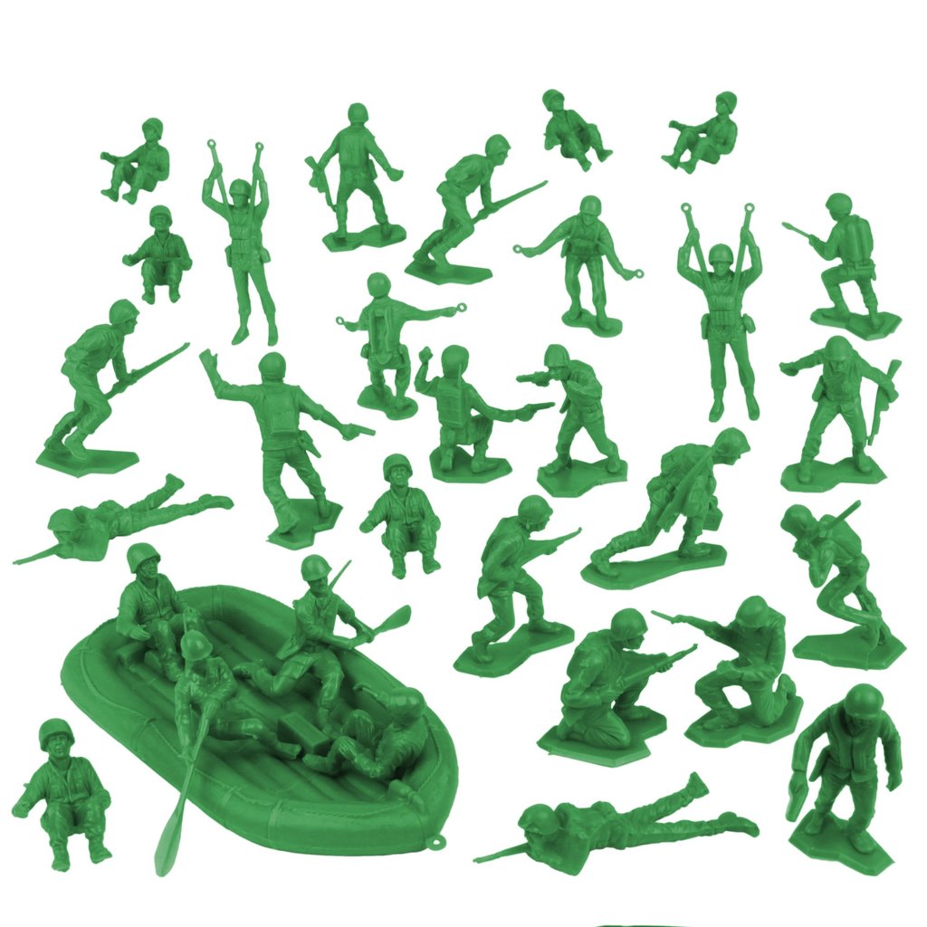 Green plastic army men figures representing US soldiers in various poses for BMC 48549