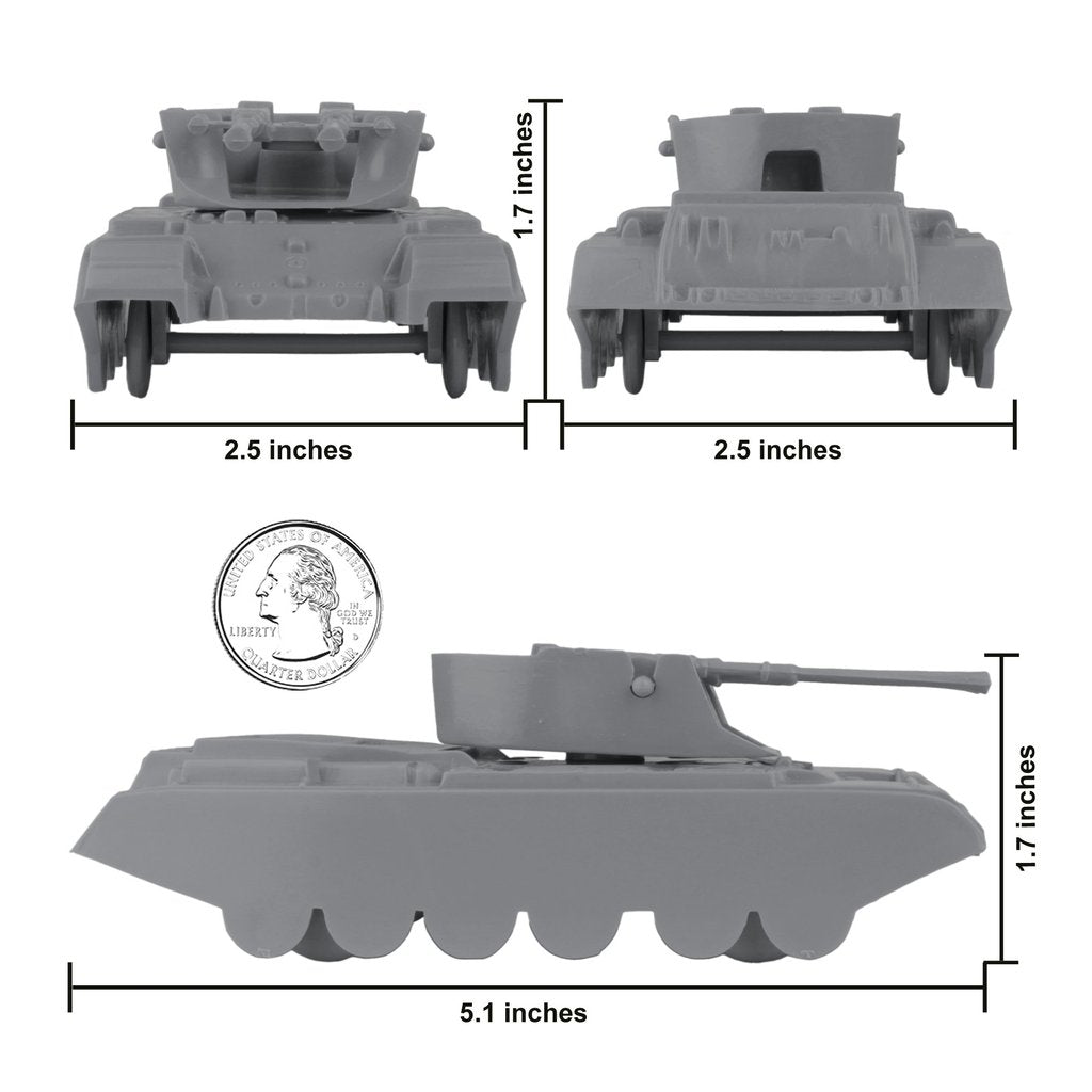 Gray anti-aircraft tank toy in three views showing dimensions for BMC 48545