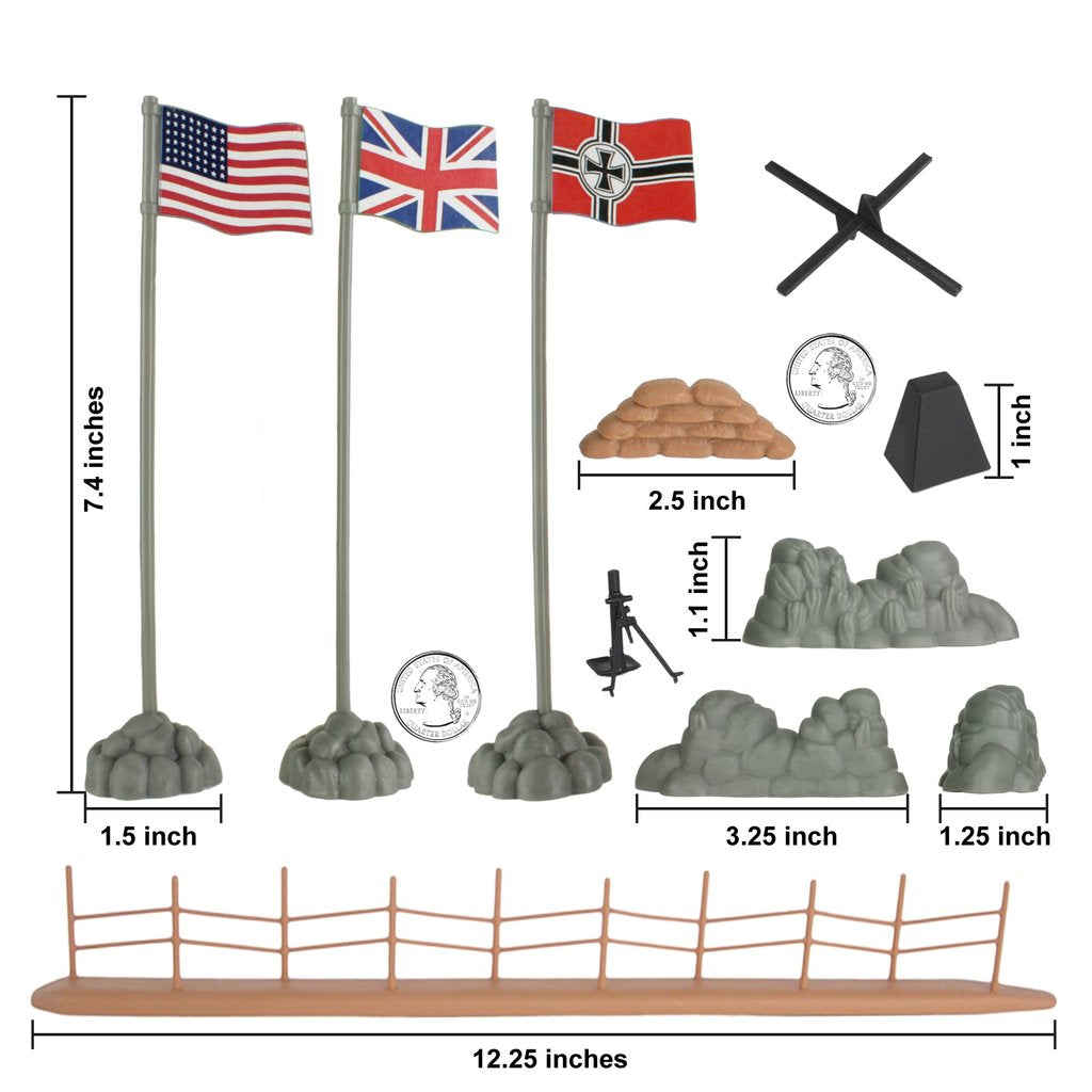 Assortment of D-Day diorama accessories: flags, barbed wire, and terrain pieces for BMC 40009