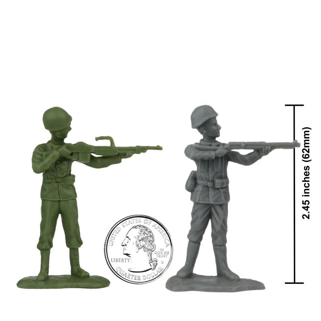 Two plastic army men figures, one green and one gray, with a coin below for BMC 40009