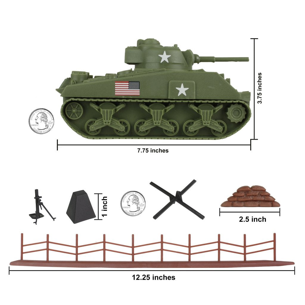 WW2 tank diorama set with tank, barbed wire, and sandbags for BMC 40039