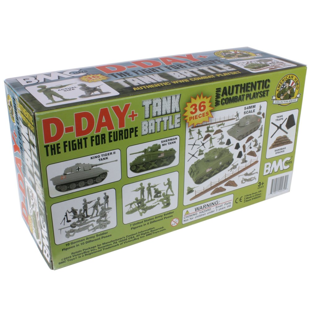 Toy set box for D-Day tank battle featuring various WWII vehicles and figures for BMC 40039