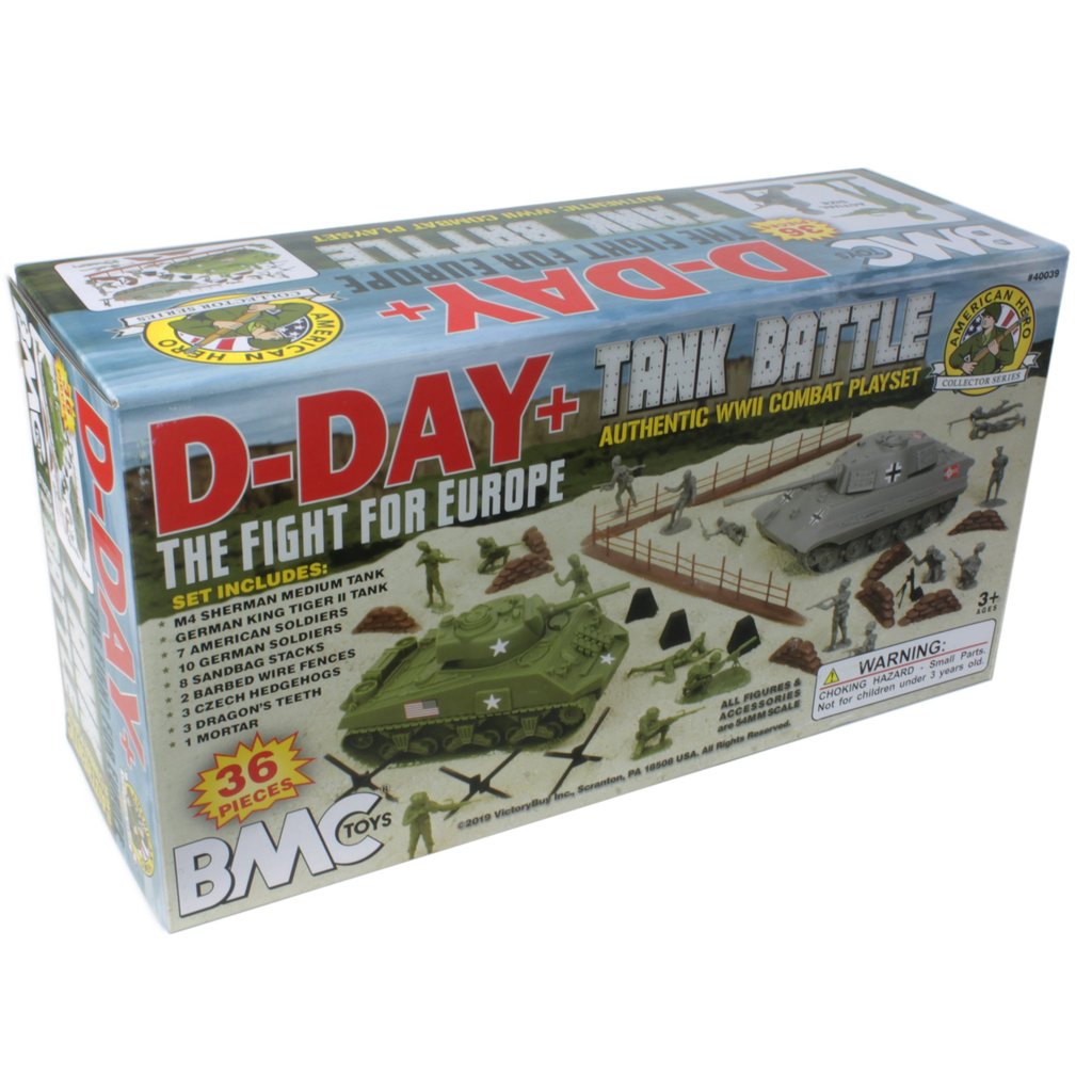 Toy set box for D-Day tank battle, featuring WWII vehicles and figures for BMC 40039