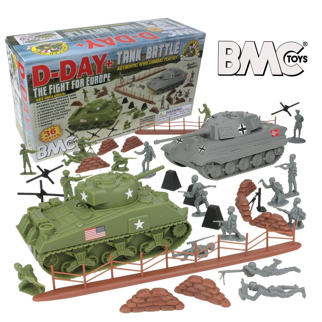 WW2 tank battle set with green and gray tanks, figures, and terrain pieces for BMC 40039