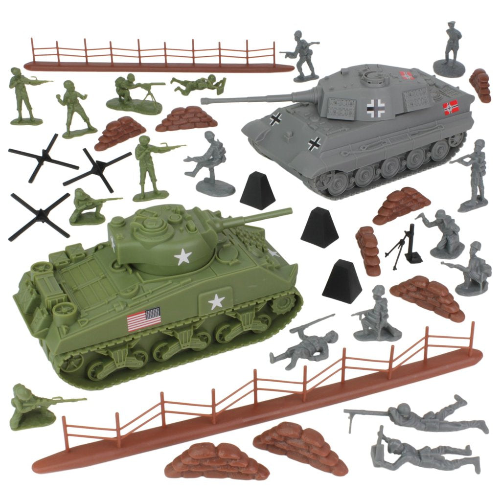 WW2 D-Day tank battle diorama set with tanks, soldiers, and terrain pieces for BMC 40039