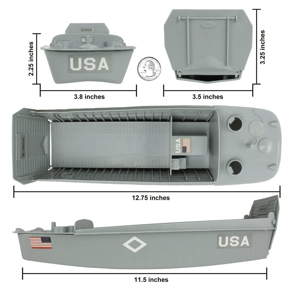 Scale model of a WWII landing craft, showing dimensions for Utah Beach diorama for BMC 40027