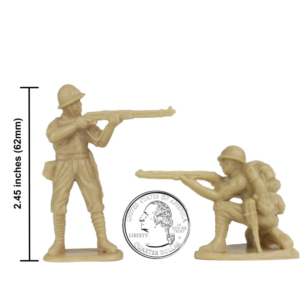 Two WWII Japanese soldier figures with rifles, next to a quarter coin for BMC 67026