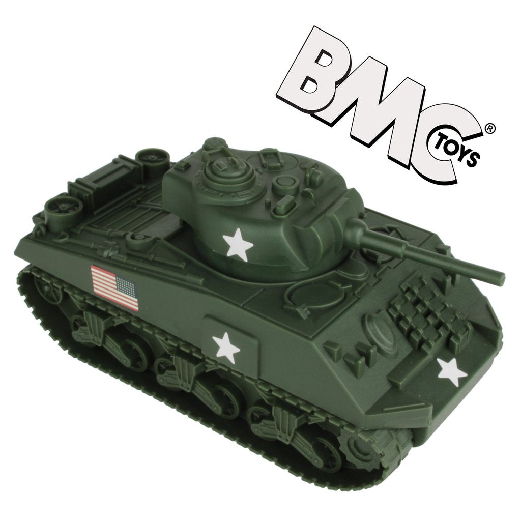Dark green toy model of a WWII Sherman M4 tank with American flag detail for BMC 49990
