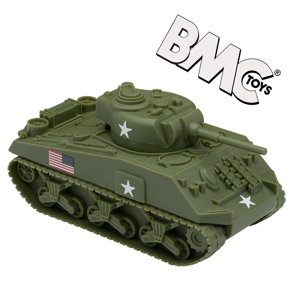 Model of a WWII Sherman M4 tank in olive drab green for BMC 67008, rear view