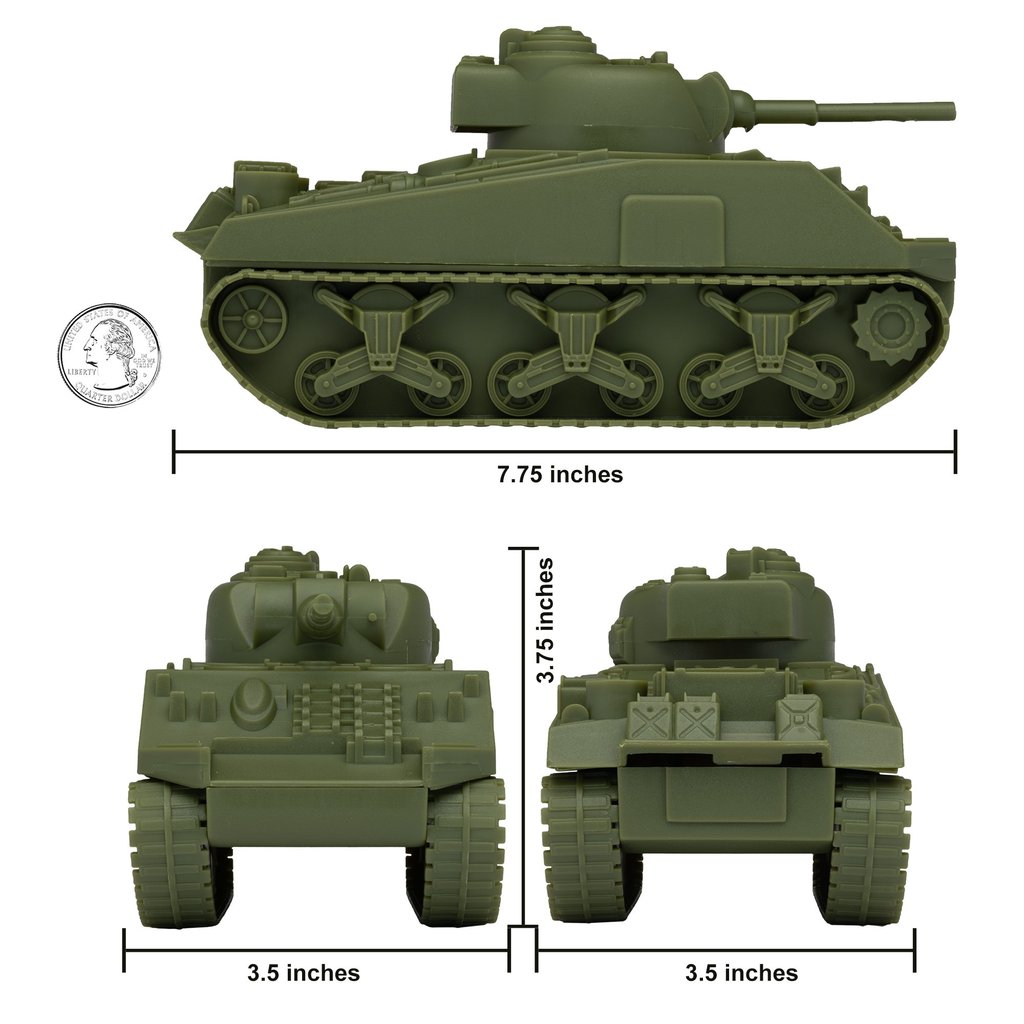 Sherman M4 tank model in OD green, showing side and front views with dimensions for BMC 67008