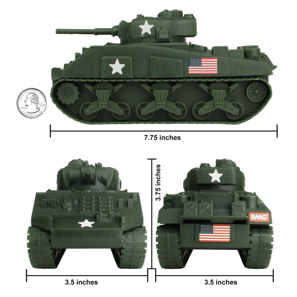 Dark green scale model of a WWII Sherman M4 tank from multiple angles for BMC 49990