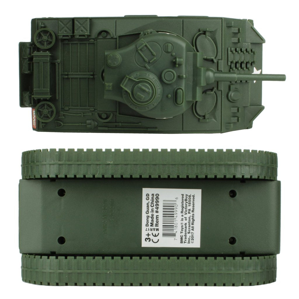 Dark green toy Sherman M4 tank model with separate track piece for BMC 49990