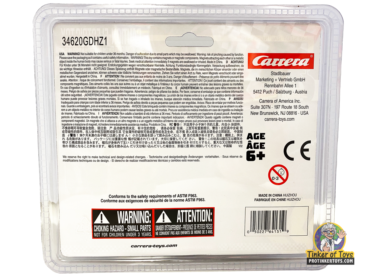 Race car packaging with safety warnings and product details for Carrera Go 20064131