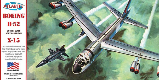 B-52 and X-15 model kits displayed in flight against a green backdrop for Atlantis Model Co ALM273
