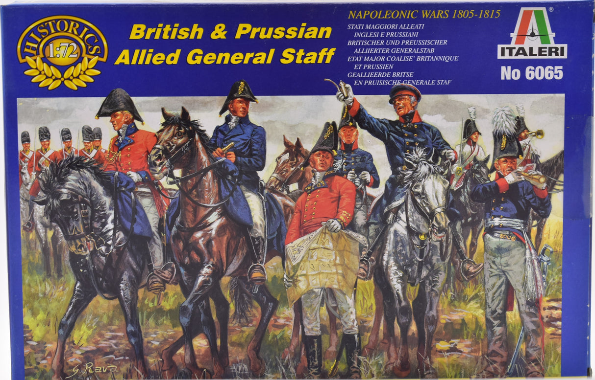 British and Prussian Allied General Staff model kit box art, Napoleonic era soldiers on horseback for Italeri 6065