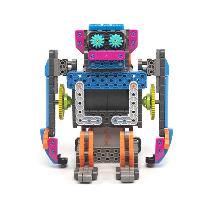 Robotic hexbug robot kit, assembled with blue, gray, and orange parts for 228-8888