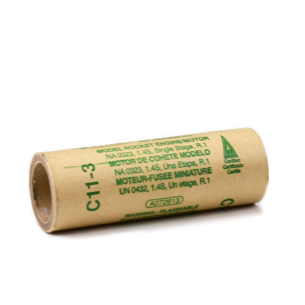 Rocket engine casing labeled C11-3, showing model details for Estes EST10025