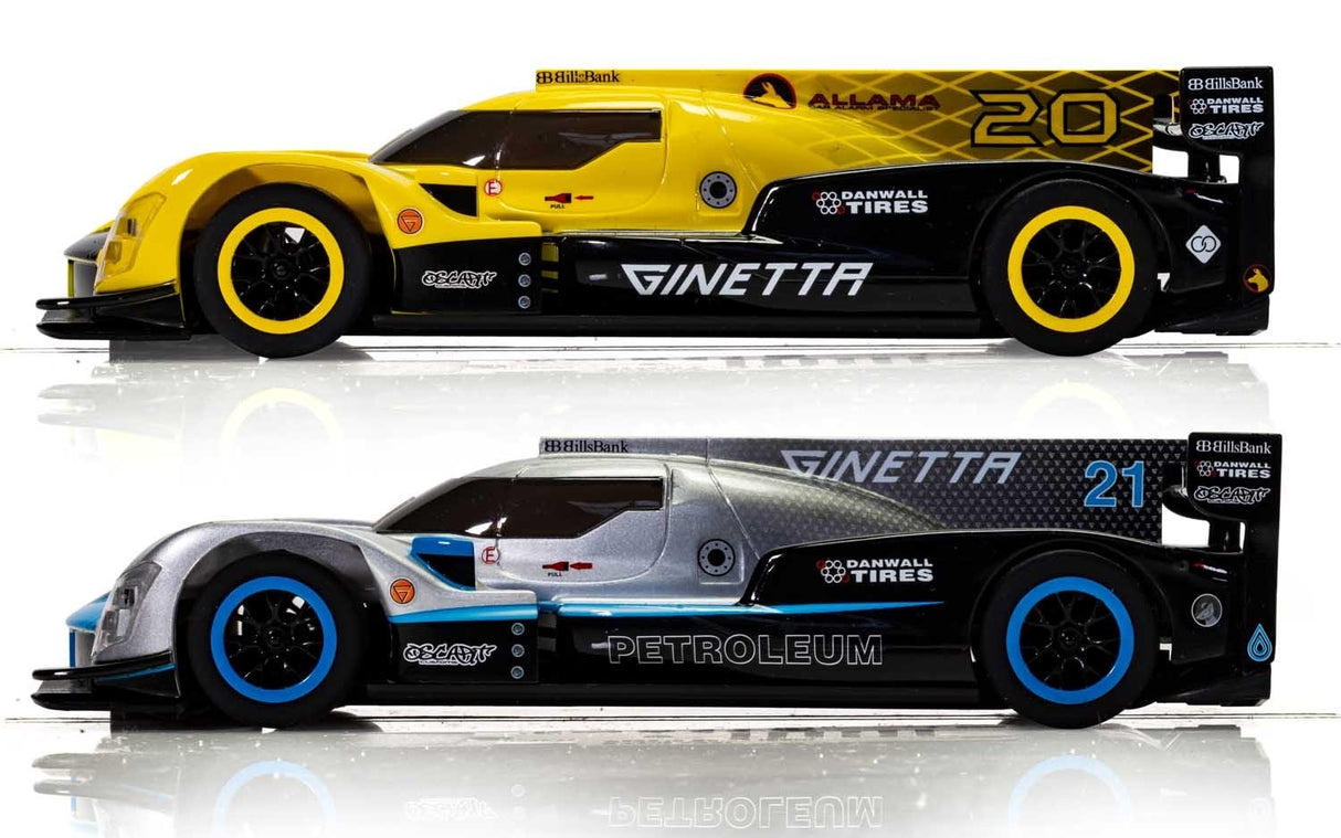 Yellow and grey Ginetta race cars with black wheels on a white background for Scalextric C1412